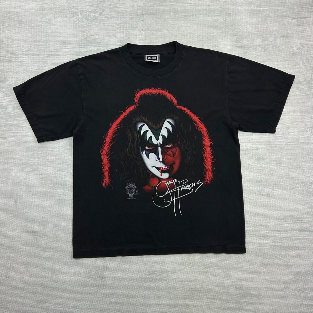 Vintage 90s Gene Simmons Kiss Shirt Size Large Black Big Face Rock Band Concert